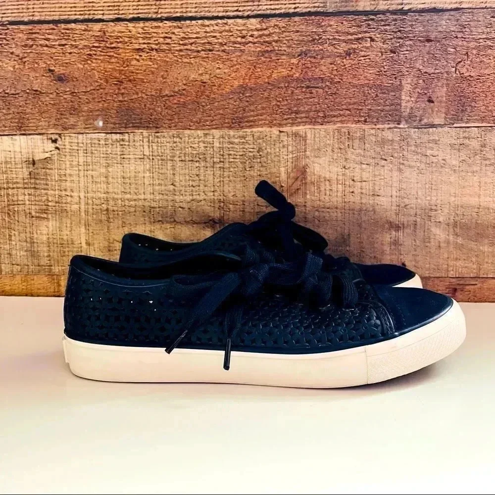 Tory Burch Navy Floral Perforated Leather/Suede Sneakers